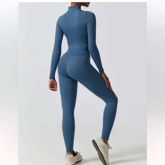 Two-piece Women's Solid Color Zip Up Crop Coat & High Waist Leggings Tracksuit - Picture 3 of 7